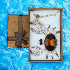 Crab Amber Necklace Comes Gift Boxed Rhinestones Birthday Holiday Christmas
